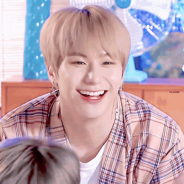 a young man wearing a plaid shirt is smiling with flavor written on the bottom