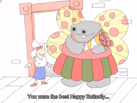 a cartoon of a hippo dressed as a butterfly with the words you were the best happy butterfly