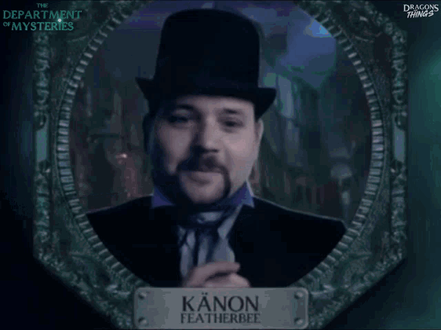 a poster for the department of mysteries shows a man in a top hat and tie