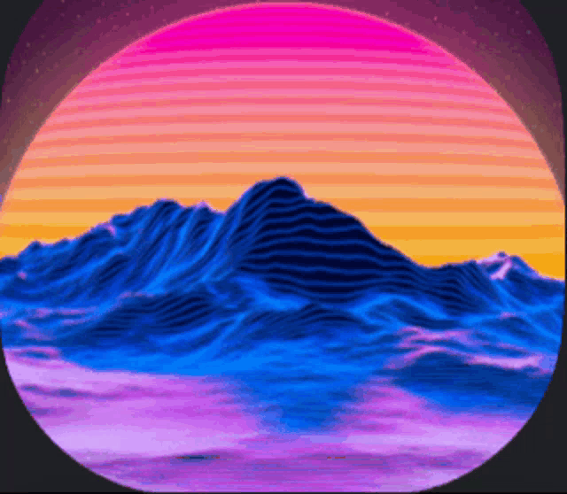 a sunset with a mountain in the foreground and waves in the background