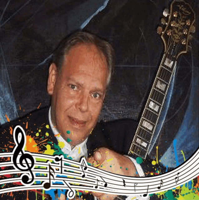 a man holding a guitar with a treble clef in the foreground