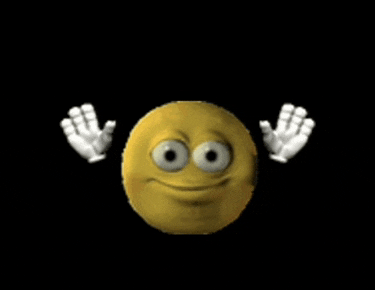 a yellow smiley face with big eyes and white gloves