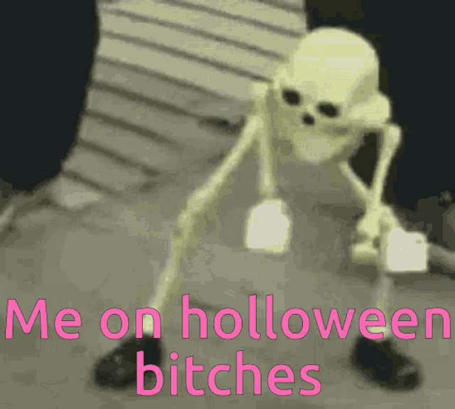 a picture of a skeleton with the words " me on halloween bitches " on it