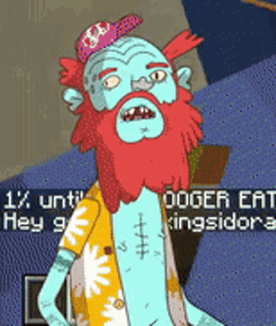 a cartoon character with a beard and a hat says " doger eat "