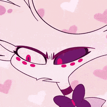 a close up of a cartoon character 's face with a purple flower in her mouth .