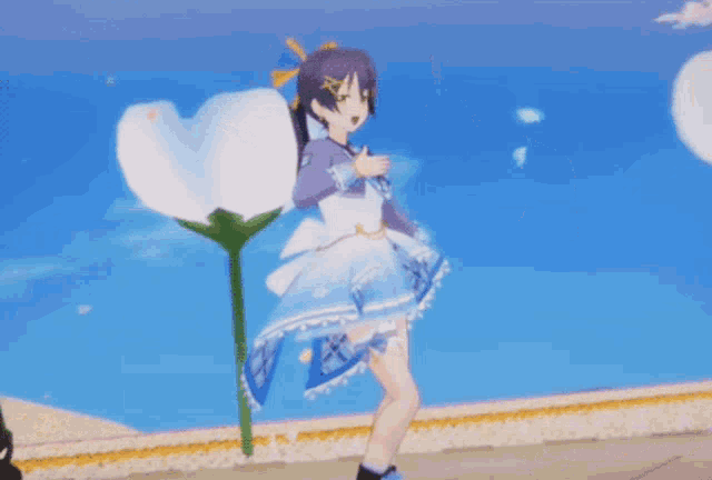 a girl in a blue and white dress is standing in front of a flower field