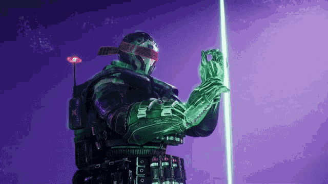 a futuristic soldier with a green arm is standing in front of a purple wall
