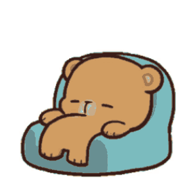 a cartoon teddy bear is sitting on a blue chair