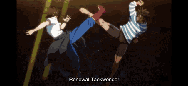 a man in a white shirt says renewal taekwondo in front of a crowd