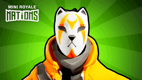 a poster for mini royale nations with a cat mask on a green background