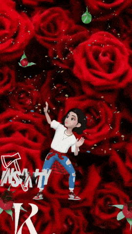 a girl is standing in front of a bunch of red roses and the word rose is on the bottom