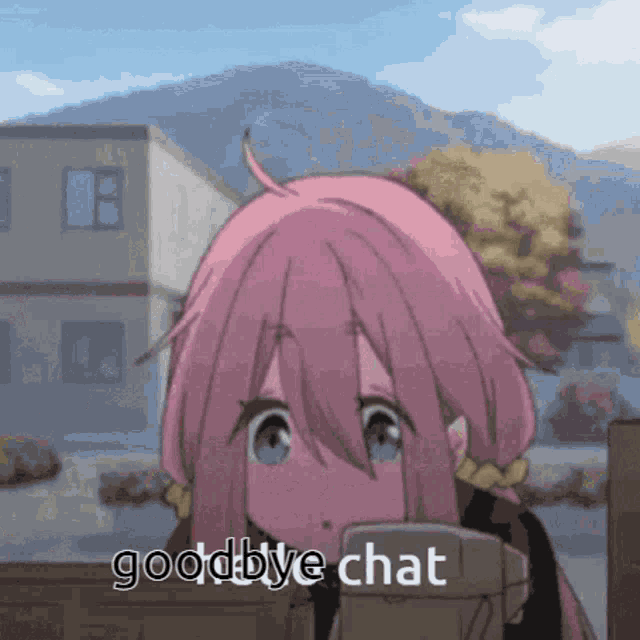 a pink haired anime girl says goodbye chat while looking over a fence
