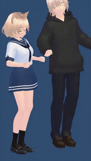 a girl with cat ears is standing next to a boy in a black hoodie