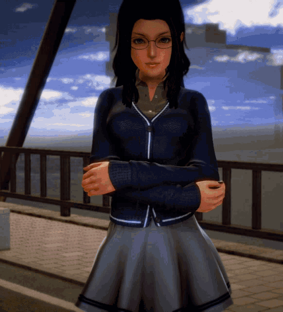 a girl with glasses and a blue sweater is standing on a bridge