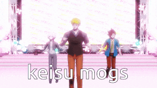 a group of anime characters are dancing on a stage and the words keisu mogs are on the bottom