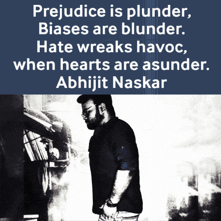 a black and white photo of a man with the words prejudice is plunder biases are blunder