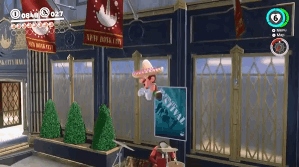 a video game shows a man in a sombrero and a poster that says festival