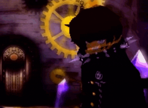 a cartoon character is standing in front of a clock and gears .