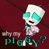 a cartoon character is holding a pink pig and asking why my piggy ?
