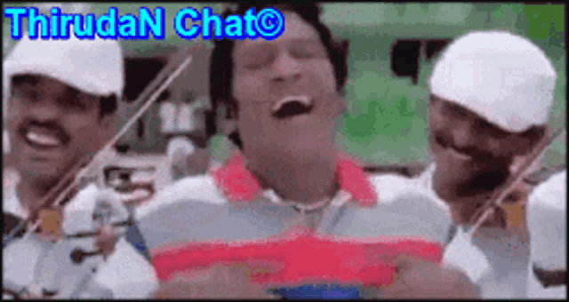 a group of men are playing violins and one of them is laughing with the words thirudan chato on the bottom