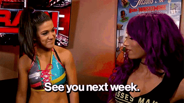 two women with purple hair are standing next to each other and one of them says see you next week .