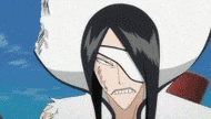 a bleach character with long black hair and a bandage on his eye is wearing a white hat .