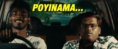 two men are sitting in a car and the word poyinama is on the screen