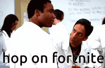 a man in a lab coat is talking to another man in a lab coat with the words hop on fortnite above them