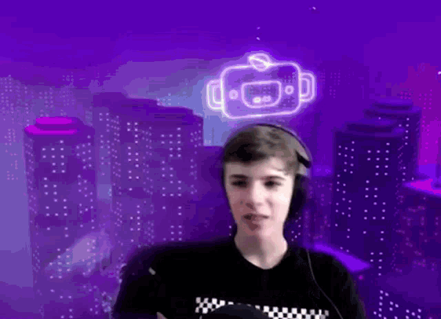 a young man wearing headphones is standing in front of a purple background with a robot icon .
