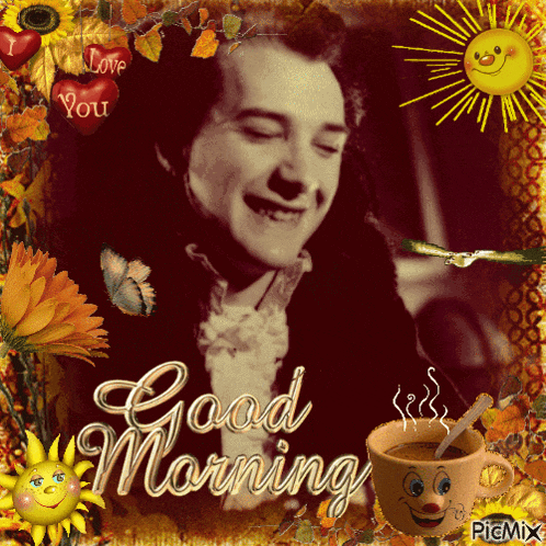 a picture of a man with a cup of coffee and the words " good morning "