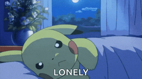 a cartoon of a pikachu laying on a bed with the word lonely above it