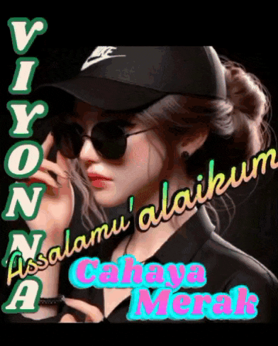 a picture of a woman wearing sunglasses and a hat with the words viron n assalamu ' alaikum cahaya merak