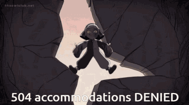 a cartoon of a man jumping over a cliff with the words 504 accommodations denied