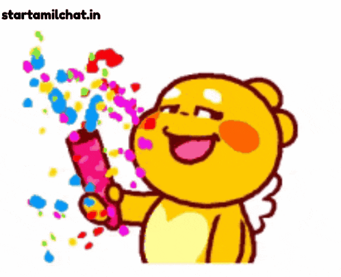 a yellow cartoon character is holding a confetti cannon and smiling
