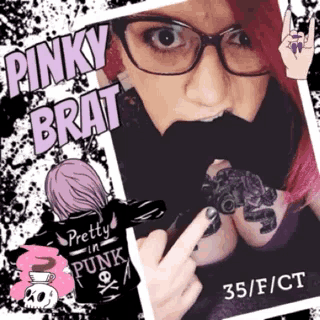 a woman with glasses and pink hair is wearing a shirt that says pinky brat