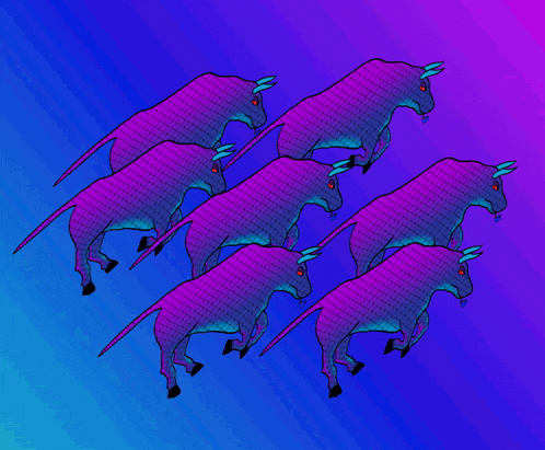 a bunch of purple bulls are running in a row