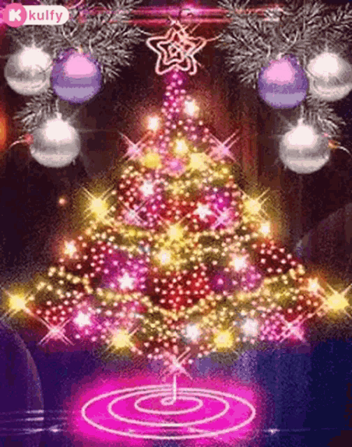 a christmas tree with a star on top of it is surrounded by balls and lights .