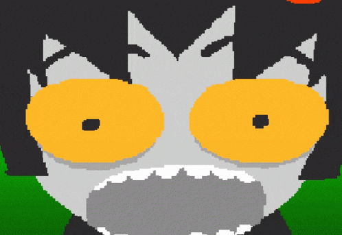 a pixel art drawing of a cartoon character with a surprised look on his face