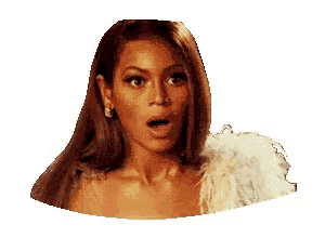 a woman with a surprised look on her face is wearing a feathered top .