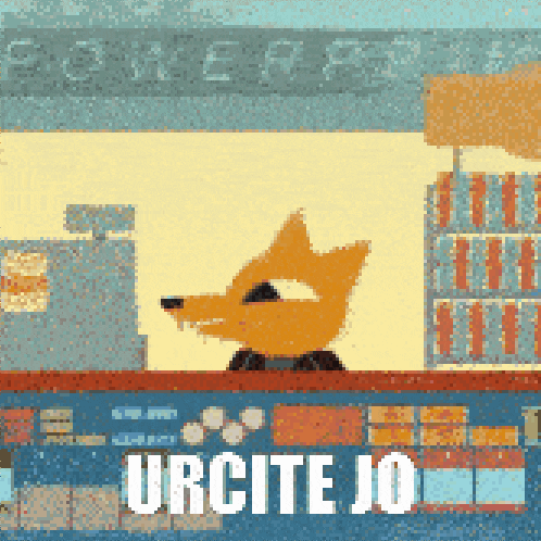 a pixel art illustration of a fox in a store with the words urcite jo