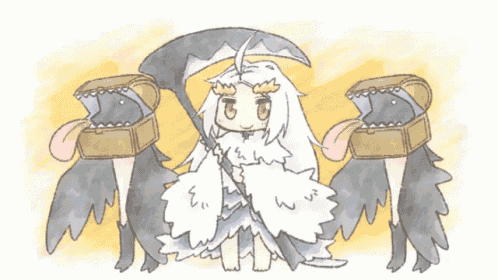 a cartoon drawing of a girl with a scythe and two chests on her shoulders