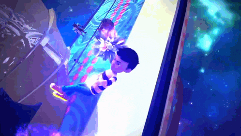 a cartoon character is flying through the air in front of a blue background