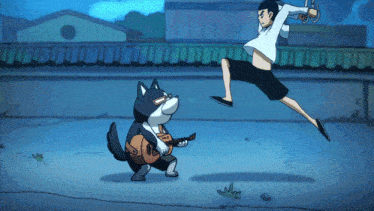 a cartoon drawing of a dog holding a guitar