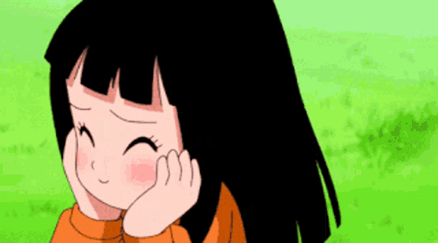a cartoon girl with long black hair is smiling and covering her face with her hand