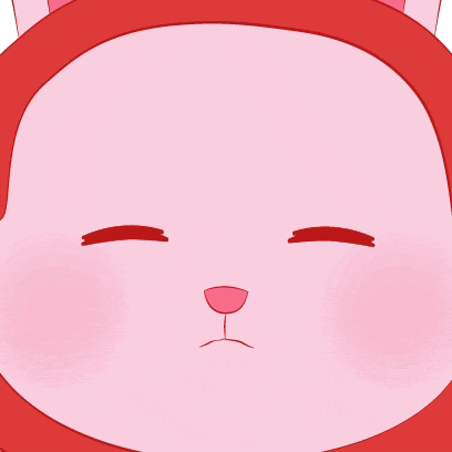 a cartoon drawing of a pink rabbit with a red hood