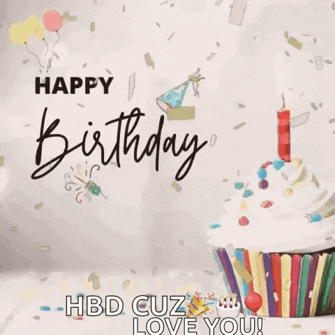 a happy birthday greeting card with a cupcake , candle and confetti .