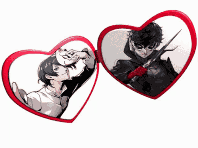 two hearts with a picture of a man holding a mask and a picture of a joker holding a pair of scissors