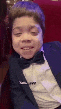a young boy wearing a suit and bow tie is sitting in a chair .