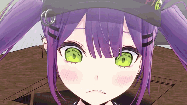 a girl with purple hair and green eyes is wearing a black hat