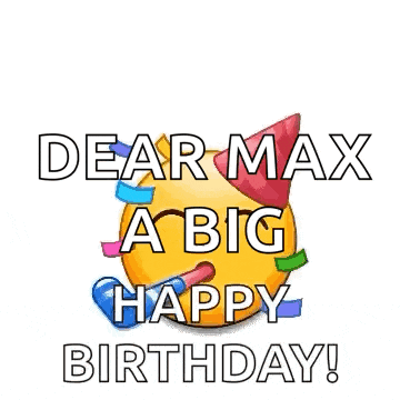 a dear max a big happy birthday greeting card with a bunch of smiley faces wearing party hats .